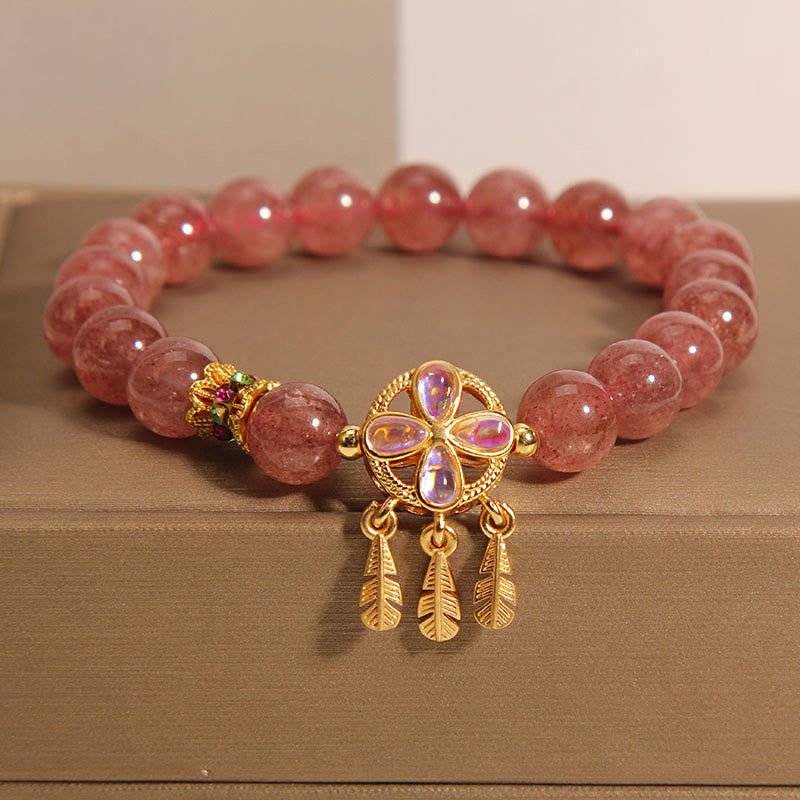 Natural Strawberry Quartz Four Leaf Clover Dreamcatcher Charm Love Bracelet