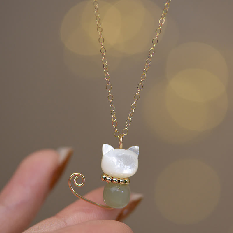 14K Gold Plated Pearl Hetian Jade Shell Luck Cat Kitten Necklace Pendant - Image 5