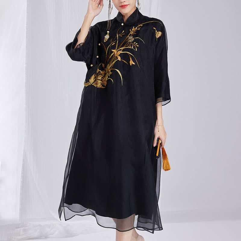 100% Mulberry Silk 6 Momme Dress Vintage Flower Butterfly Embroidery Qipao Dress Women's Cheongsam Dress - Image 16