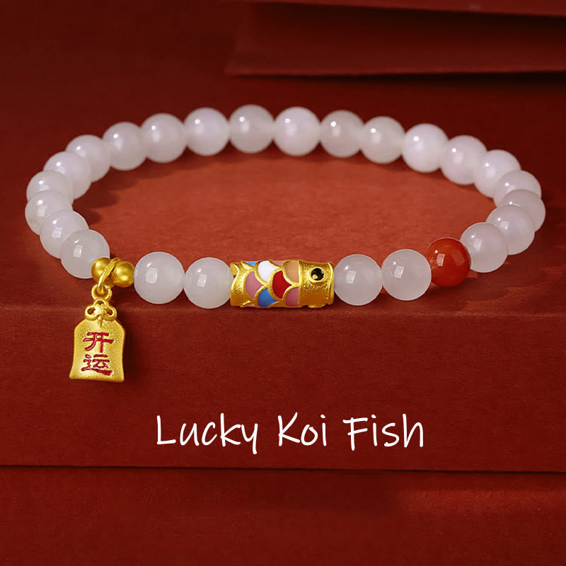 925 Sterling Silver Hetian White Jade Red Agate Koi Fish Luck Happiness Bracelet