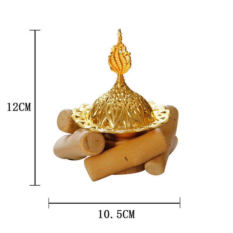 Gold Alloy Healing Mini Incense Burner With Wooden Coaster Home Decor - Image 17