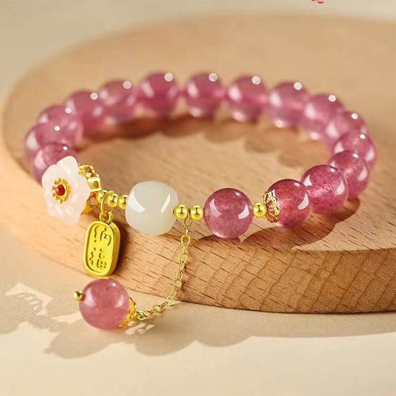 Strawberry Quartz Fu Character Pink Crystal Healing Bracelet