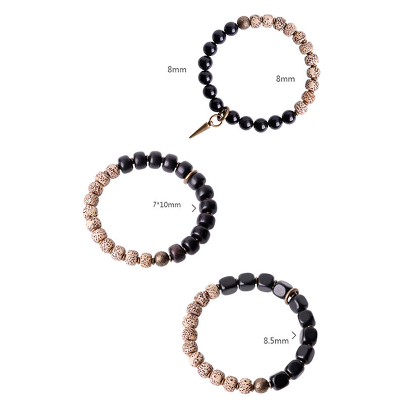 Tibetan Bodhi Seed Black Obsidian Ebony Wood Copper Peace Bracelet - Image 14