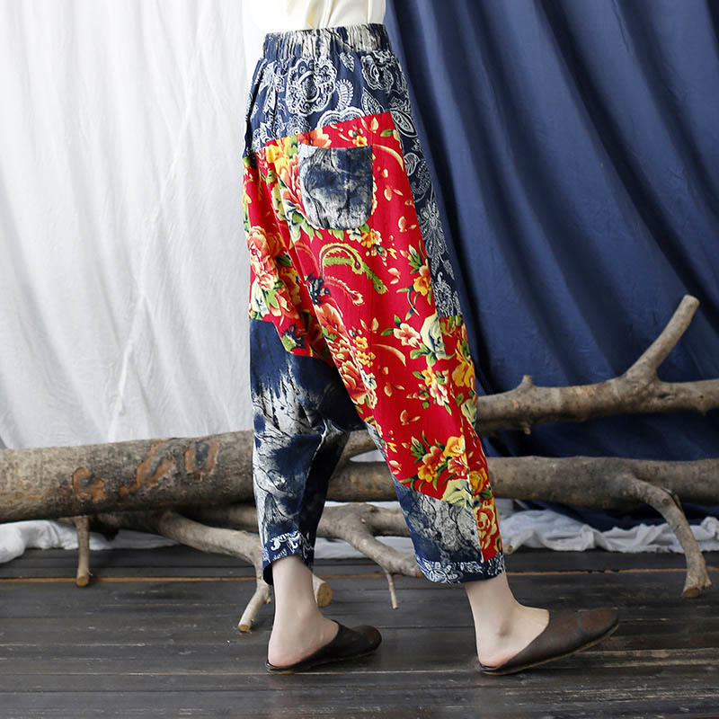 Blue Red Peony Flowers Patchwork Cotton Linen Harem Pants With Pockets - Image 4
