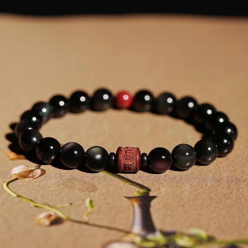 Natural Gold Sheen Obsidian Rainbow Obsidian Om Mani Padme Hum Fu Character Healing Bracelet - Image 45