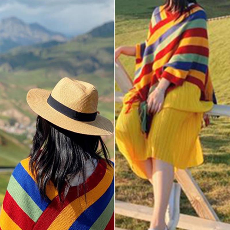 Tibetan Colorful Striped Design Shawl Tassels Pullover Winter Cozy Travel Scarf Wrap - Image 20