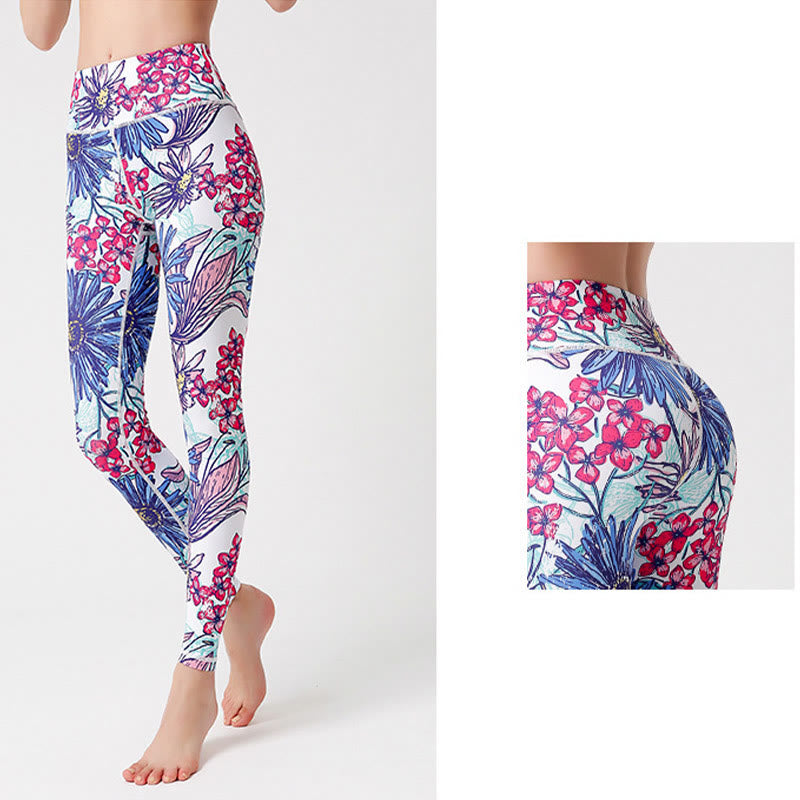 Colorful Flower Petal Leaves Print Sports Exercise Fitness High Waist Leggings Women's Yoga Pants - Image 13