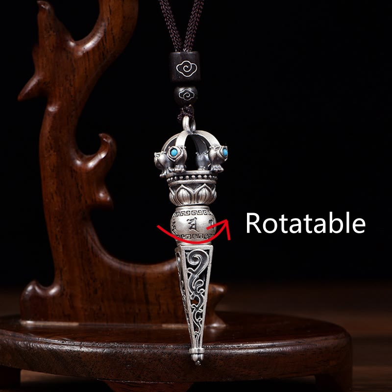 Tibetan Om Mani Padme Hum Dorje Vajra Design Wisdom Rotatable Necklace Pendant - Image 4