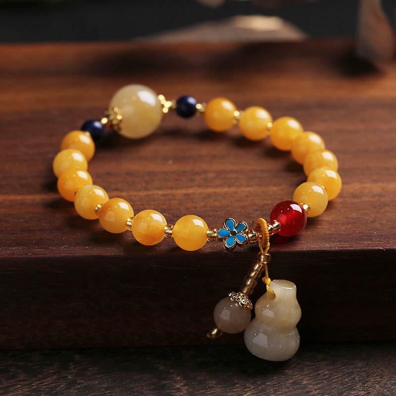 Natural Golden Silk Jade Gourd Charm Wealth Luck Bracelet