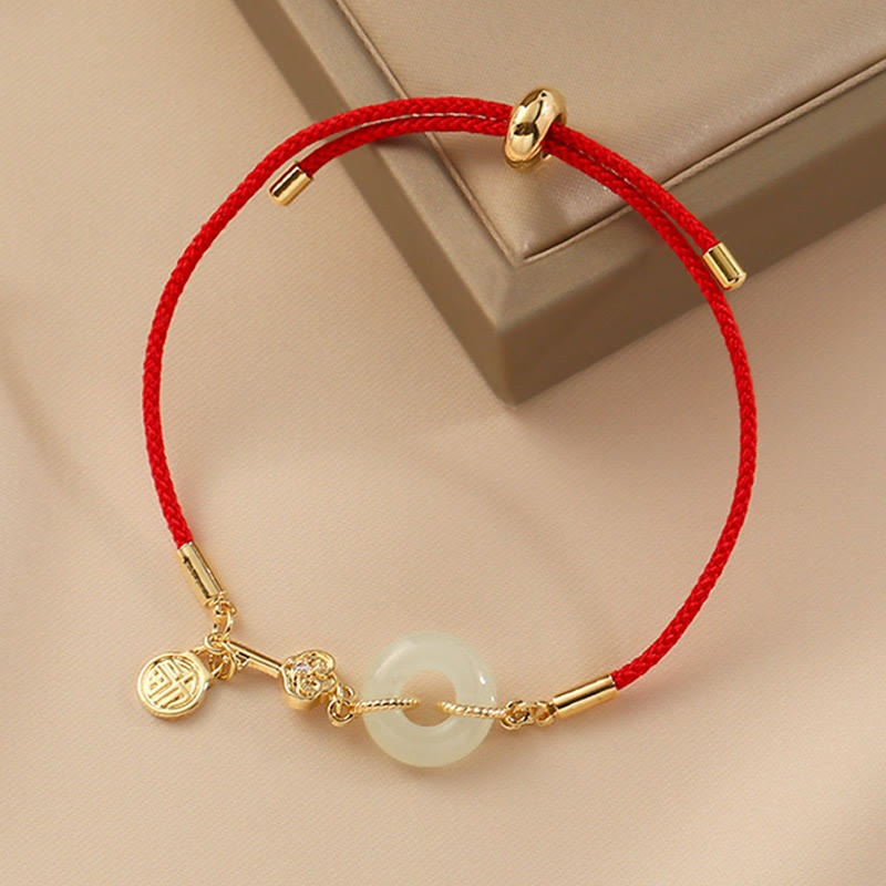 18K Gold Plated Hetian Jade Peace Buckle Fu Character Luck Red Rope Bracelet - Image 7