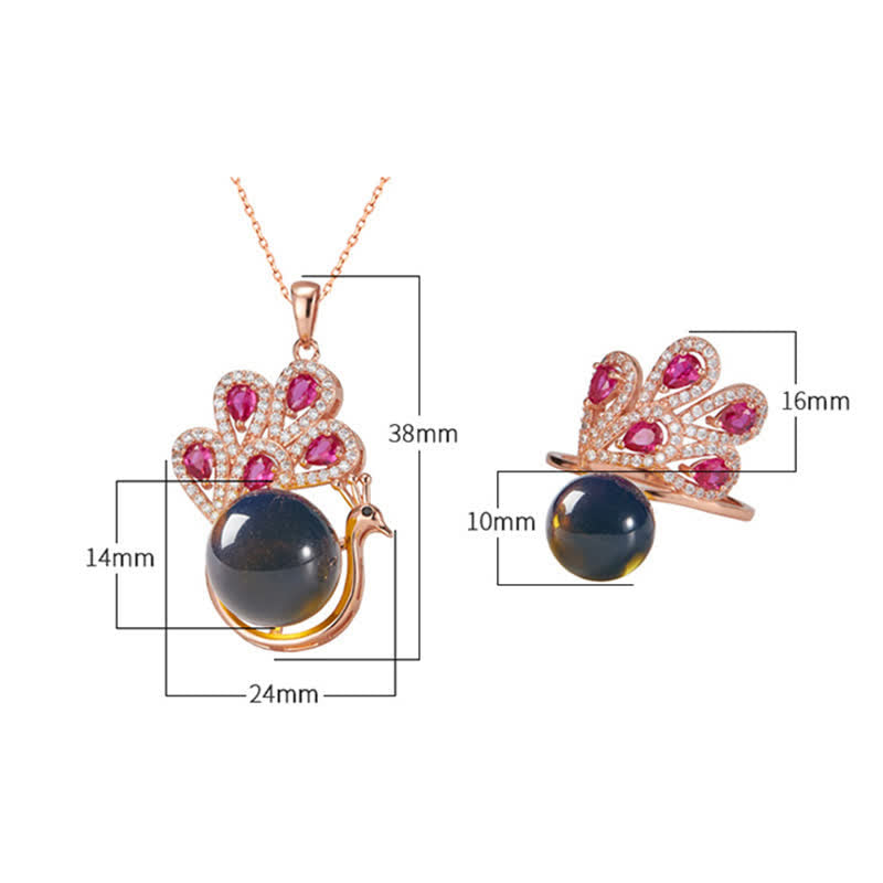 Peacock Amber Fortune Love Necklace Pendant Ring - Image 8