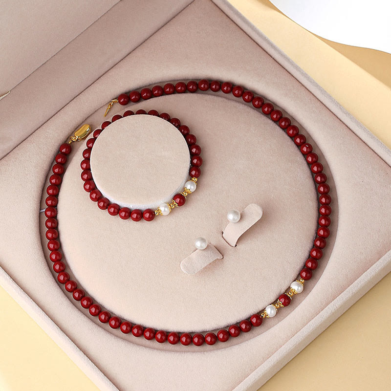 925 Sterling Silver Natural Cinnabar Pearl Blessing Necklace Pendant Bracelet Earrings Jewelry Set