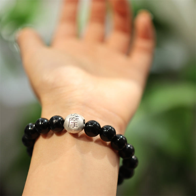 925 Sterling Silver Black Onyx Bead Character Engraved Protection Bracelet - Image 4