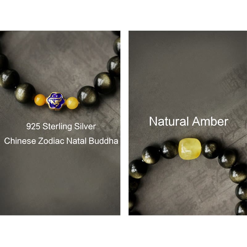 925 Sterling Silver Chinese Zodiac Natal Buddha Natural Gold Sheen Obsidian Amber Wealth Protection Bracelet - Image 20