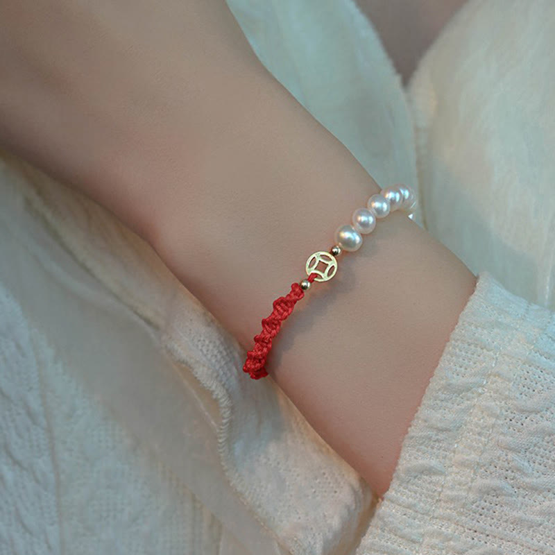 14K Gold Plated Pearl Bead Luck Protection Braid Red String Bracelet - Image 13