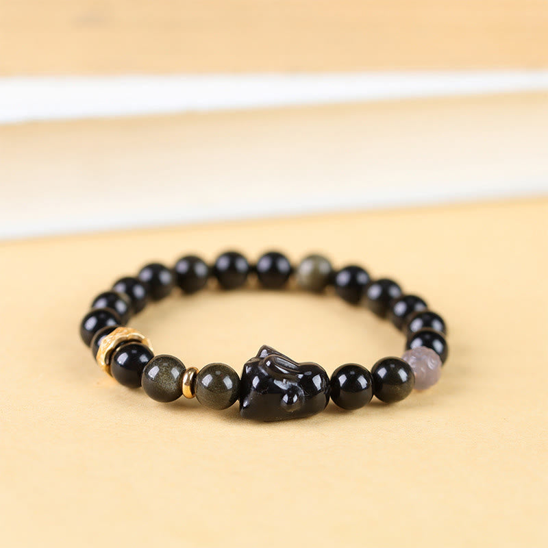 Gold Sheen Obsidian Black Obsidian Silver Sheen Obsidian Cute Rabbit Protection Bracelet