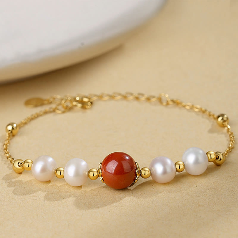 925 Sterling Silver Pearl Cinnabar Healing Bead Chain Bracelet