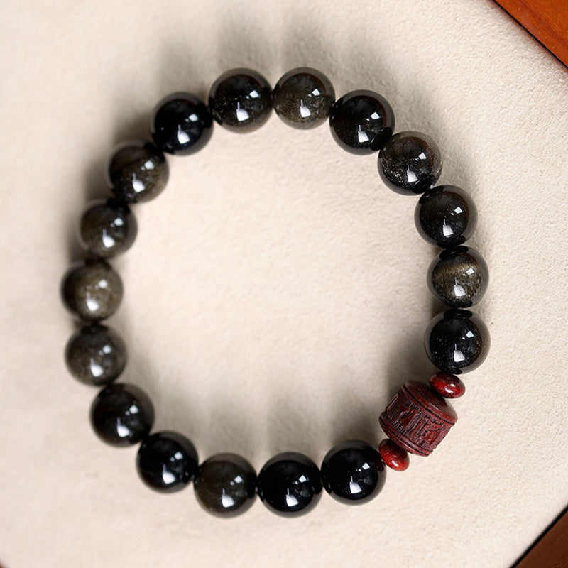Natural Gold Sheen Obsidian Rainbow Obsidian Om Mani Padme Hum Fu Character Healing Bracelet - Image 5