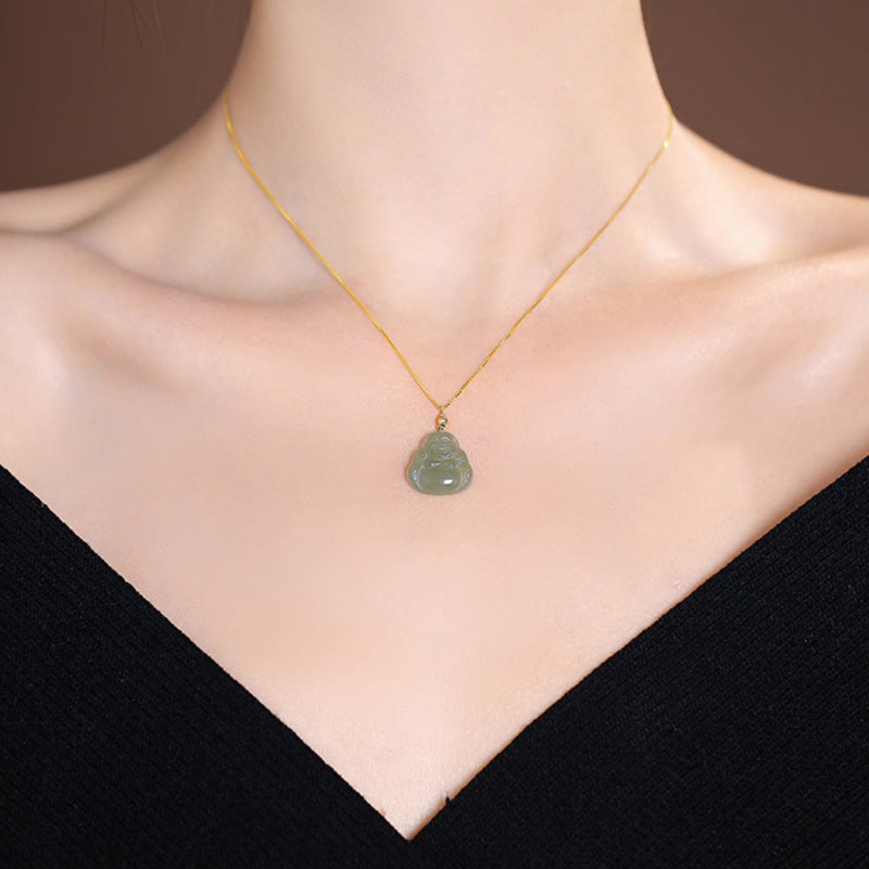 925 Sterling Silver Natural Hetian Jade Cyan Jade Luck Laughing Buddha Butterfly Necklace Pendant - Image 4