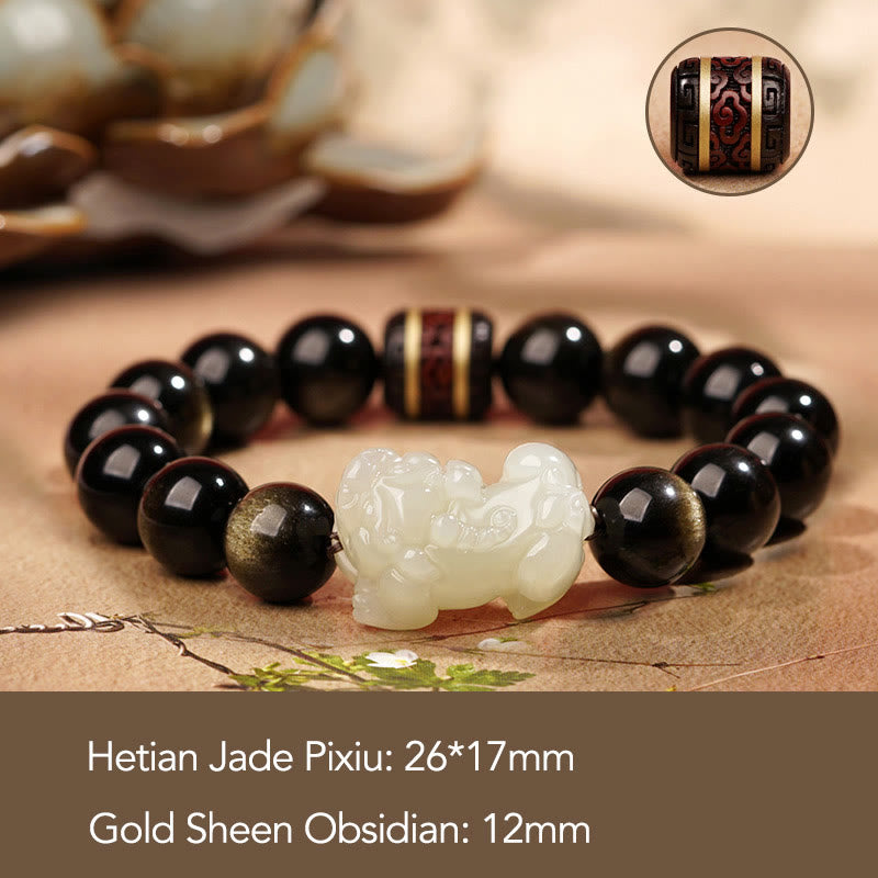 Natural Gold Sheen Obsidian Hetian Cyan Jade White Jade PiXiu Wealth Bracelet - Image 8