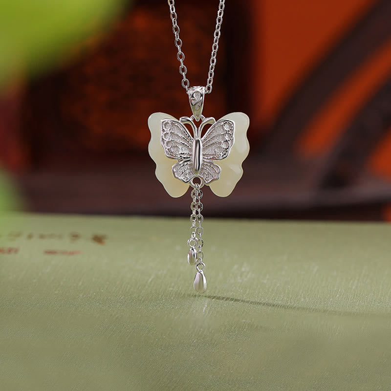 925 Sterling Silver Plated Gold Hetian White Jade Butterfly Blessing Necklace Pendant - Image 11