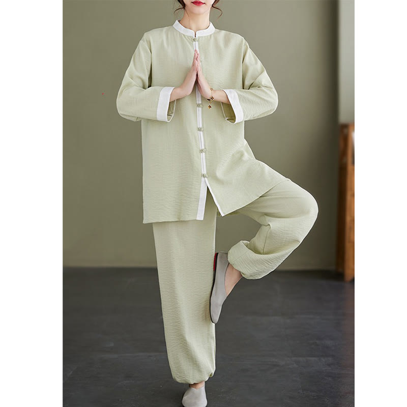 2Pcs Vintage Long Sleeve Shirt Top Pants Meditation Zen Tai Chi Cotton Linen Clothing Women's Set - Image 17