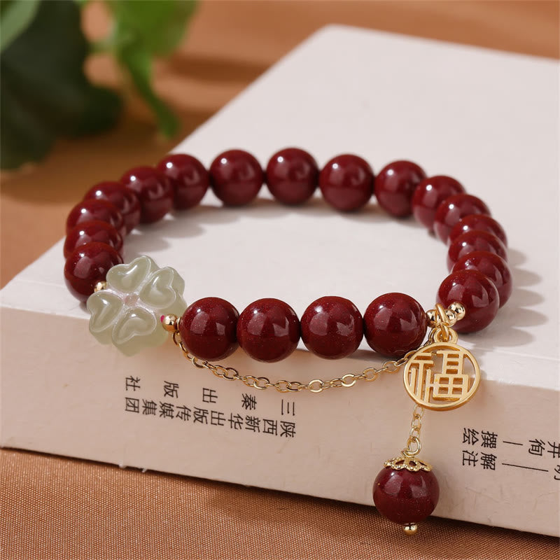 Cinnabar Fu Character Hetian Jade Lucky Four Leaf Clover Blessing Bracelet