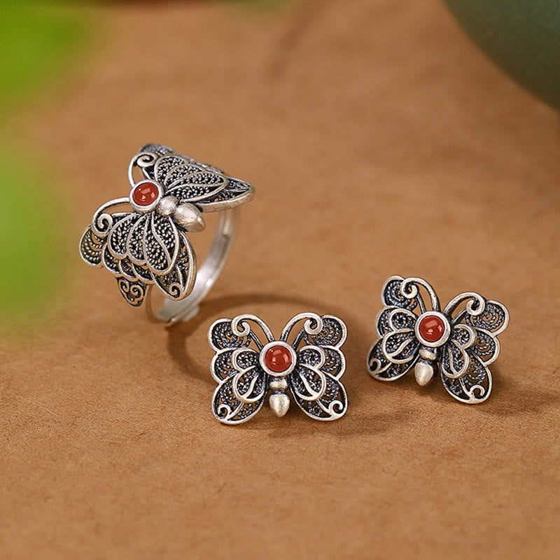 925 Sterling Silver Red Agate Butterfly Self-acceptance Ring Earrings Set