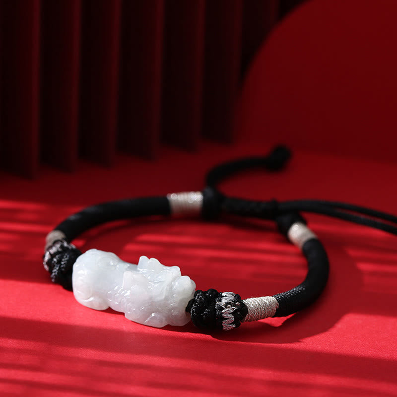 Handmade Natural Jade PiXiu Luck Prosperity Braided String Bracelet - Image 3