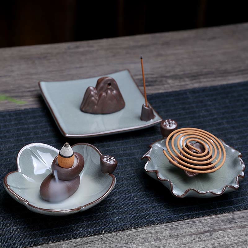 Lotus Plum Blossom Square Ceramic Spiritual Backflow Incense Burner - Image 2