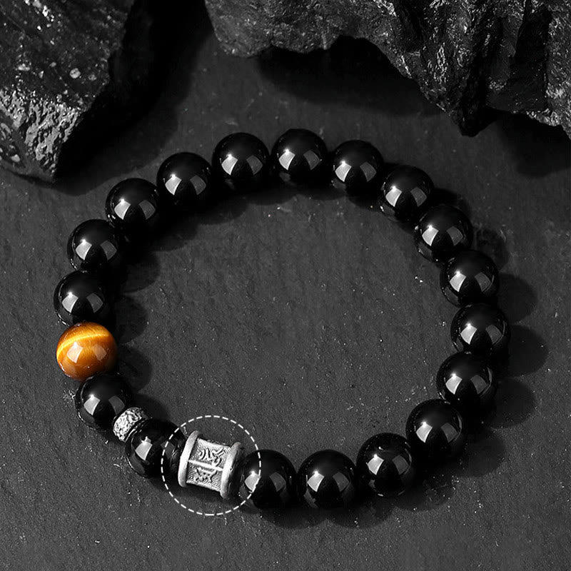 999 Sterling Silver Black Obsidian Tiger Eye Om Mani Padme Hum Fulfillment Bracelet - Image 5