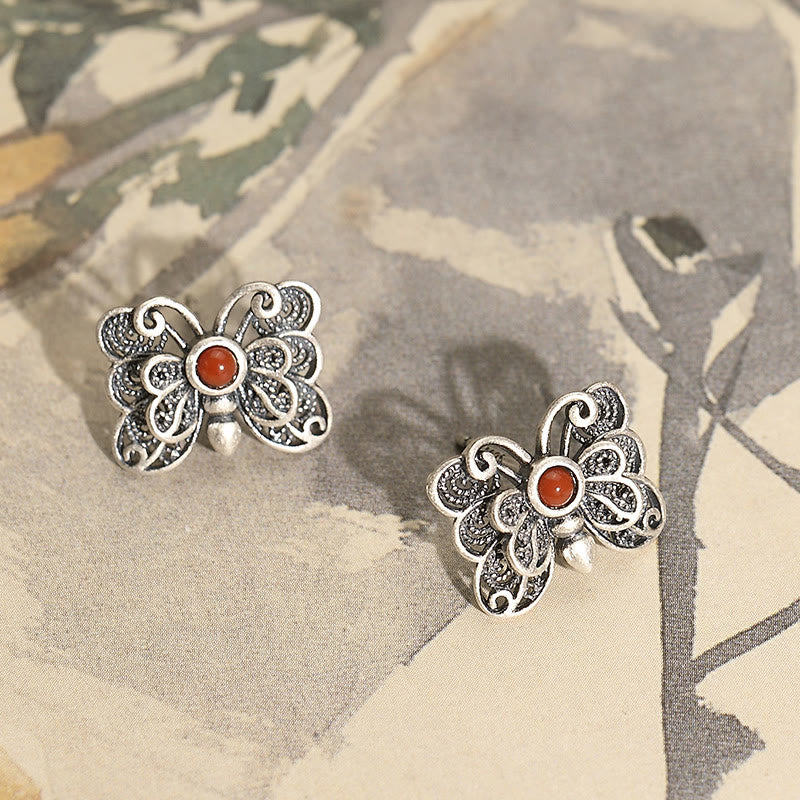 925 Sterling Silver Red Agate Butterfly Self-acceptance Ring Earrings Set - Image 15