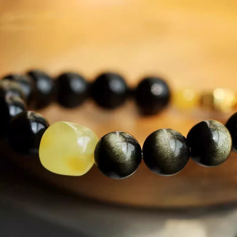 925 Sterling Silver Chinese Zodiac Natal Buddha Natural Gold Sheen Obsidian Amber Wealth Protection Bracelet - Image 5