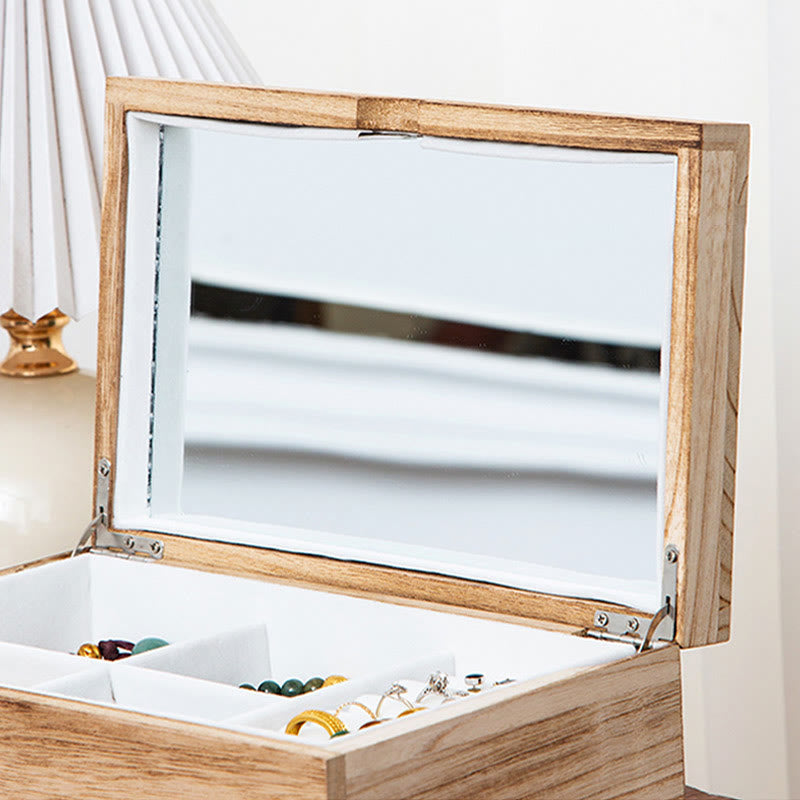 Retro Beige Wooden Jewelry Box Two-Layer Jewelry Storage Box With Mirror - Image 8