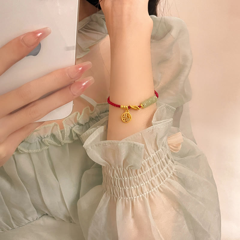 Handcrafted Jade Bead Fu Character Charm Luck Red Rope Bracelet - Image 10