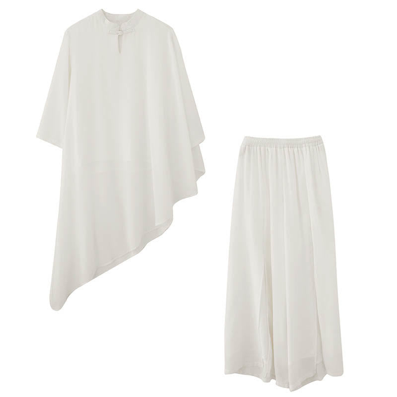 2Pcs Three Quarter Sleeve Irregular Design Shirt Wide Leg Pants Meditation Chiffon Women's Set - Image 7