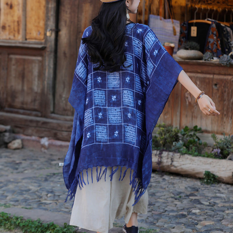 Blue Color Block Plaid Shawl Tassels Soft Pullover 90*95cm - Image 14