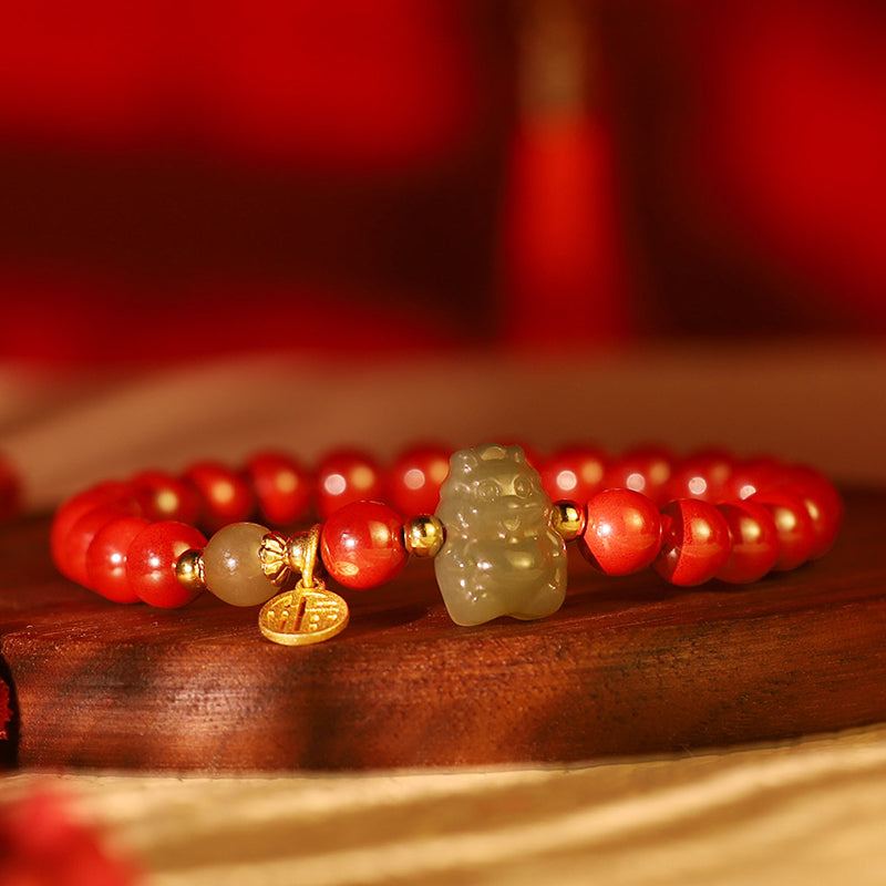 925 Sterling Silver Year of the Dragon Natural Cinnabar Hetian Jade Dragon Fu Character Ruyi As One Wishes Charm Blessing Bracelet - Image 4