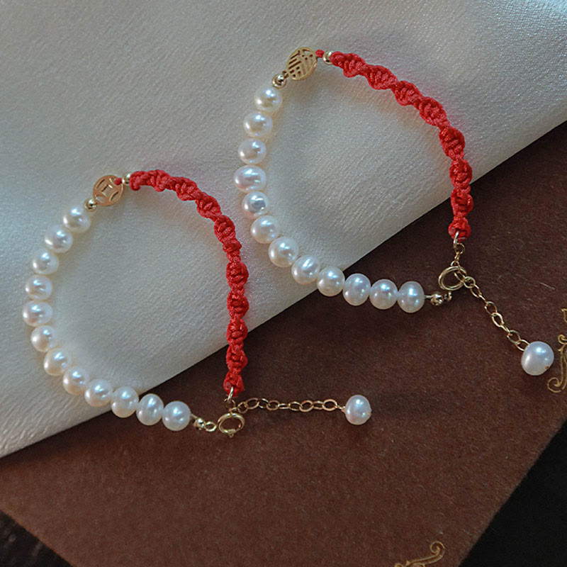 14K Gold Plated Pearl Bead Luck Protection Braid Red String Bracelet - Image 4