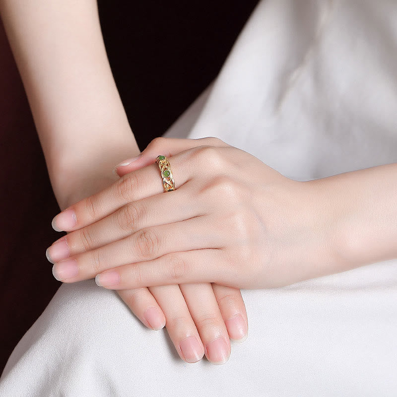 925 Sterling Silver Plated Gold Cyan Jade Braided Design Success Luck Adjustable Ring - Image 5