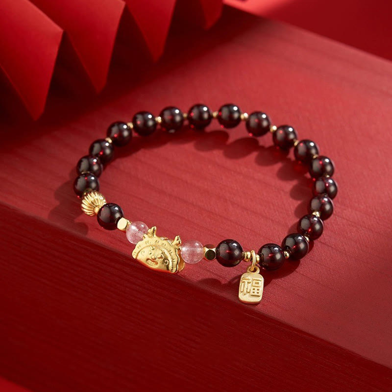 Year of the Dragon Dumpling Natural Red Agate Garnet Hetian Jade Fu Character Luck Success Bracelet - Image 11