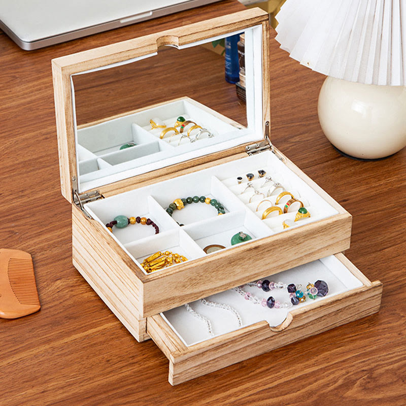 Retro Beige Wooden Jewelry Box Two-Layer Jewelry Storage Box With Mirror