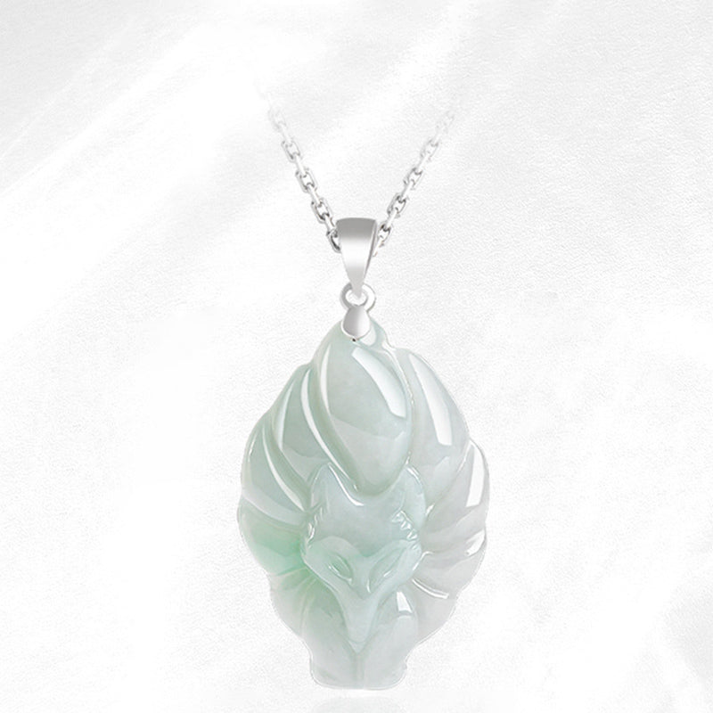 925 Sterling Silver Natural Jade Nine Tailed Fox Prosperity Necklace Pendant - Image 6