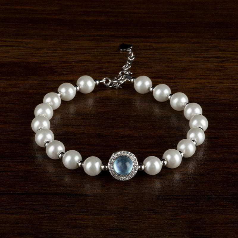 925 Sterling Silver Pearl Blue Chalcedony Healing Chain Bracelet Ring