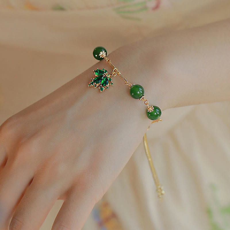 14k Gold Plated Green Chalcedony Maple Leaf Courage Strength Bracelet - Image 7