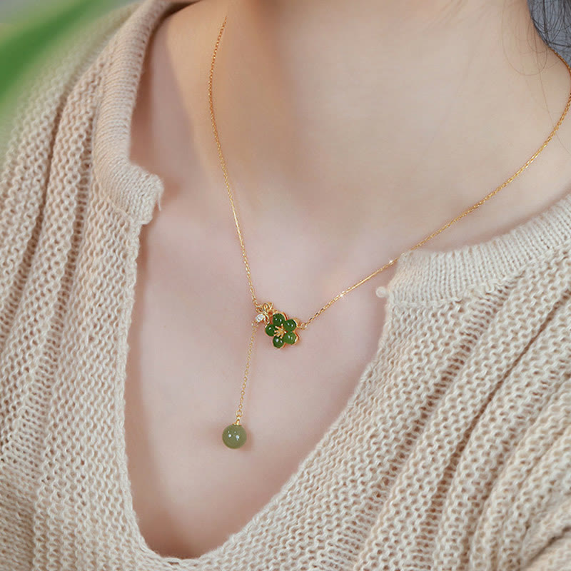 925 Sterling Silver Hetian Cyan Jade Plum Flower Blossom Design Luck Necklace Pendant - Image 9