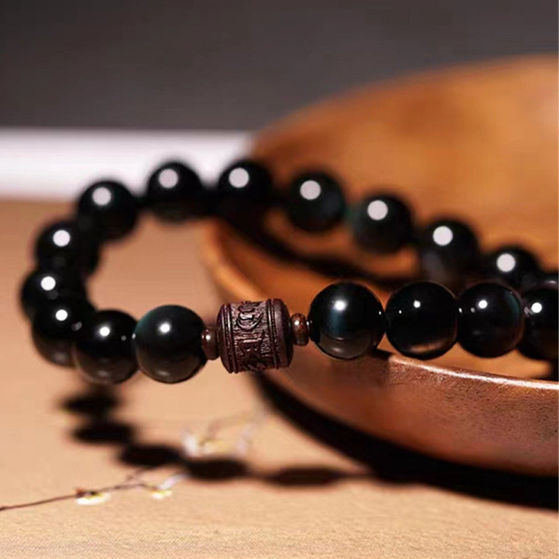 Natural Gold Sheen Obsidian Rainbow Obsidian Om Mani Padme Hum Fu Character Healing Bracelet - Image 30