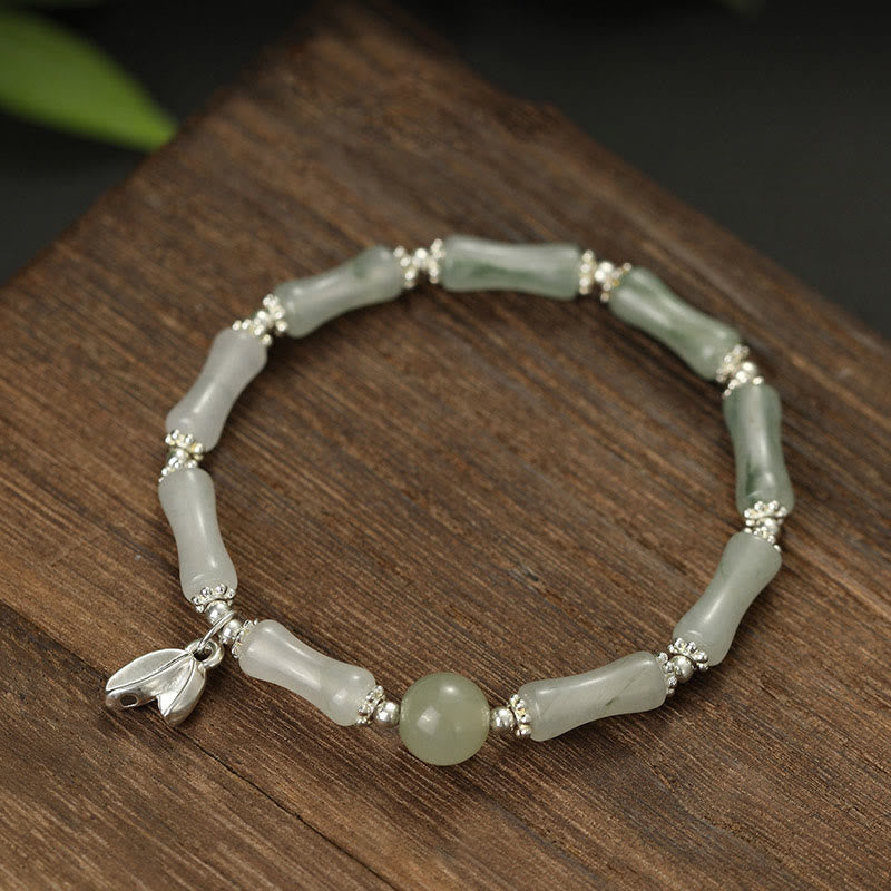 925 Sterling Silver Natural Tianshan Jade Bamboo Charm Luck Bracelet