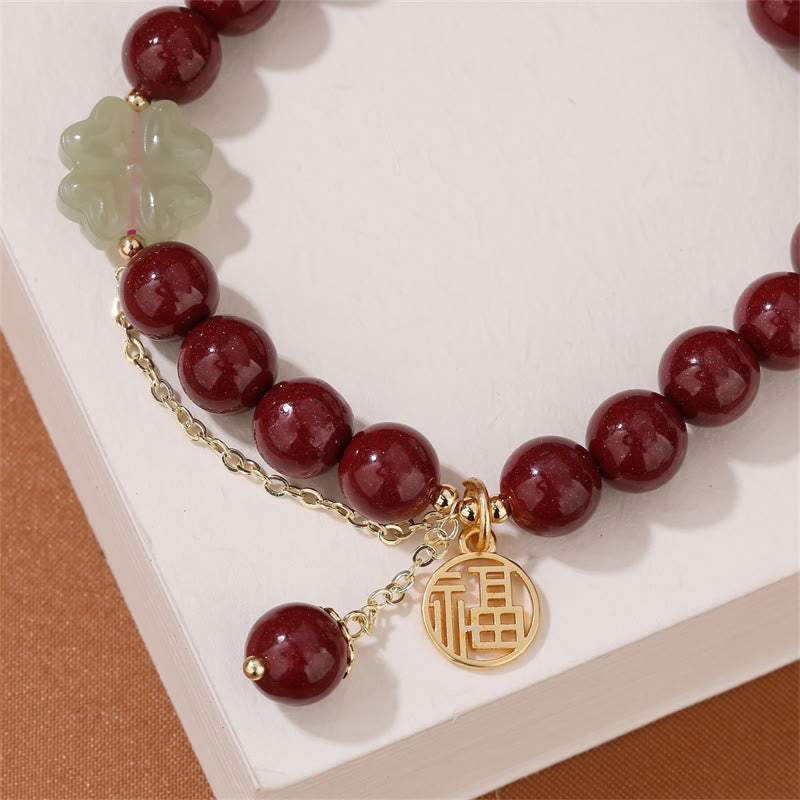 Cinnabar Fu Character Hetian Jade Lucky Four Leaf Clover Blessing Bracelet - Image 5