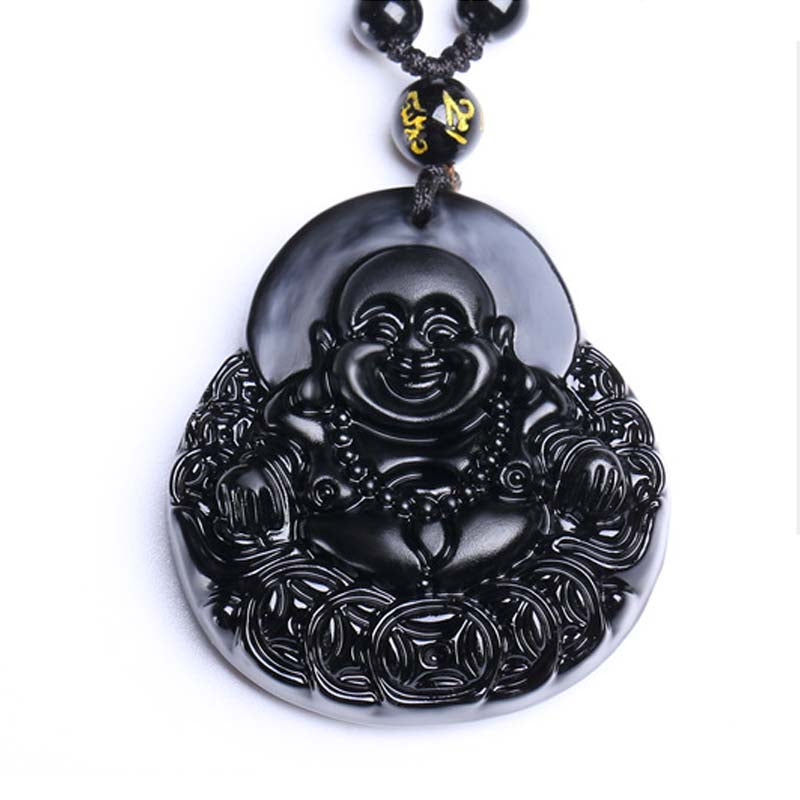 Laughing Buddha Black Obsidian Strength Protection Pendant Necklace - Image 6